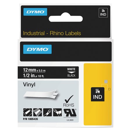 DYMO Rhino Permanent Vinyl Industrial Label Tape, 0.5" x 18 ft, Black/White Print 1805435